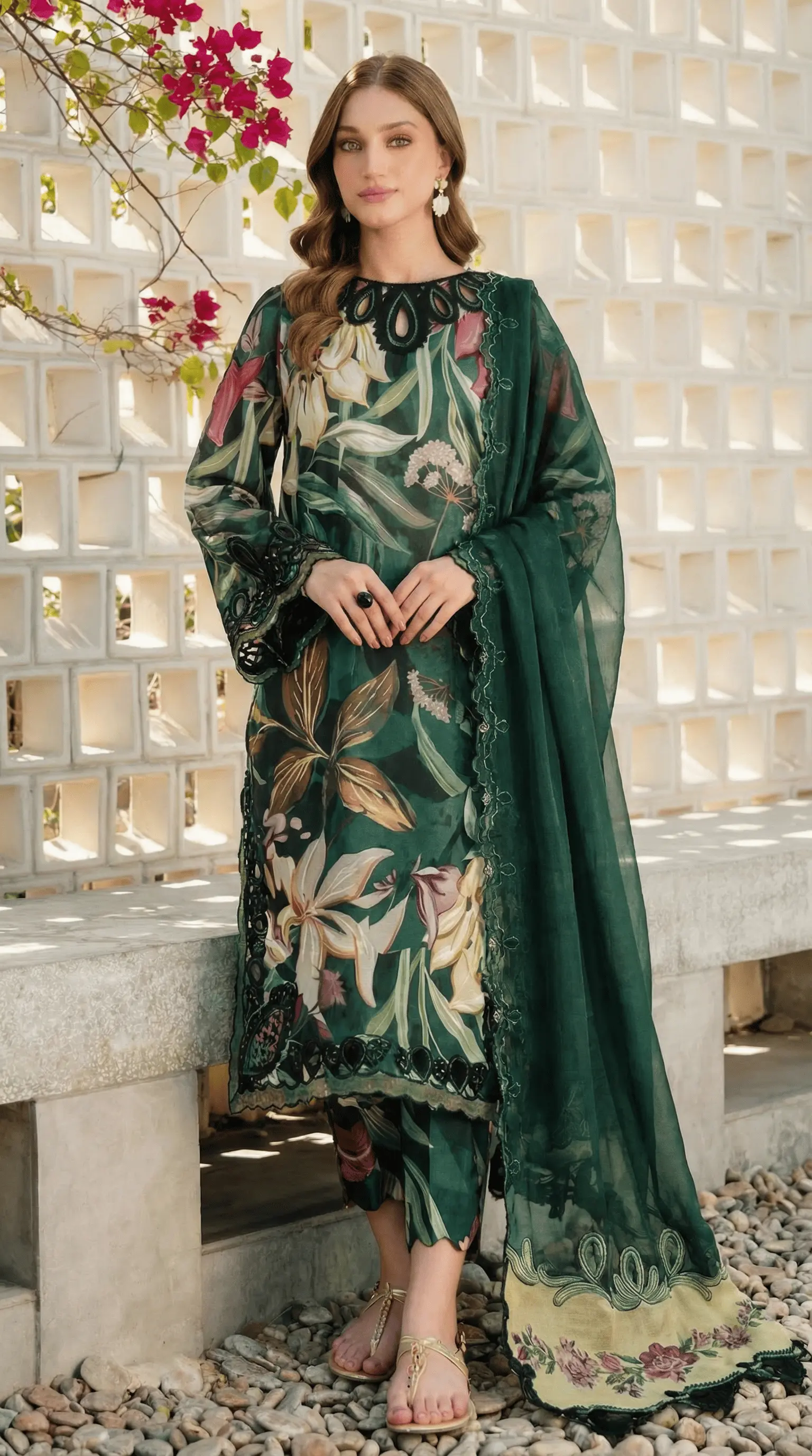 3pcs lawn printed suit with embroidered shirt, matching dupatta and trouser for women