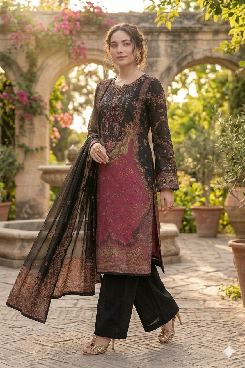 Black Printed Lawn 3 Piece Suit | Embroidered Shirt & Chiffon Dupatta Pakistan