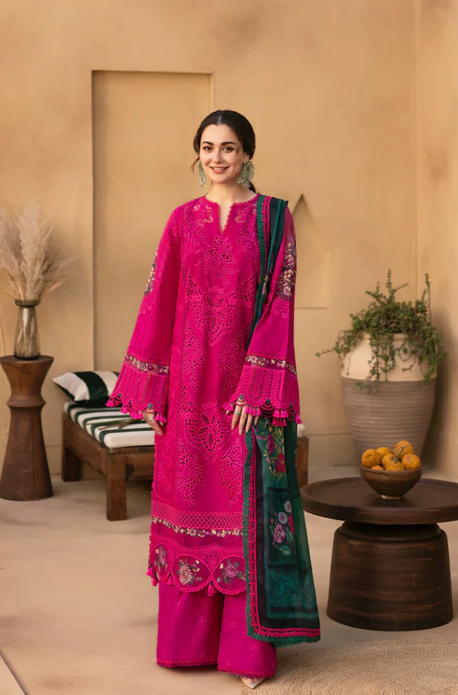 Pink chikankari unstitched 3 piece lawn suit with printed chiffon dupatta