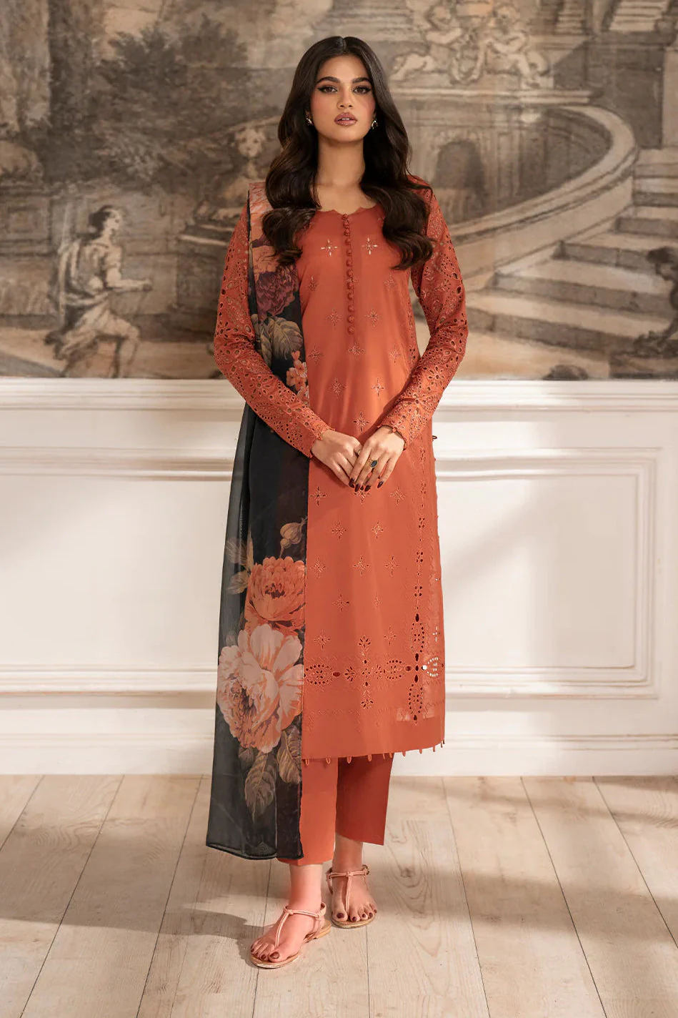 Green chikankari unstitched 3 piece lawn suit with contrast dupatta