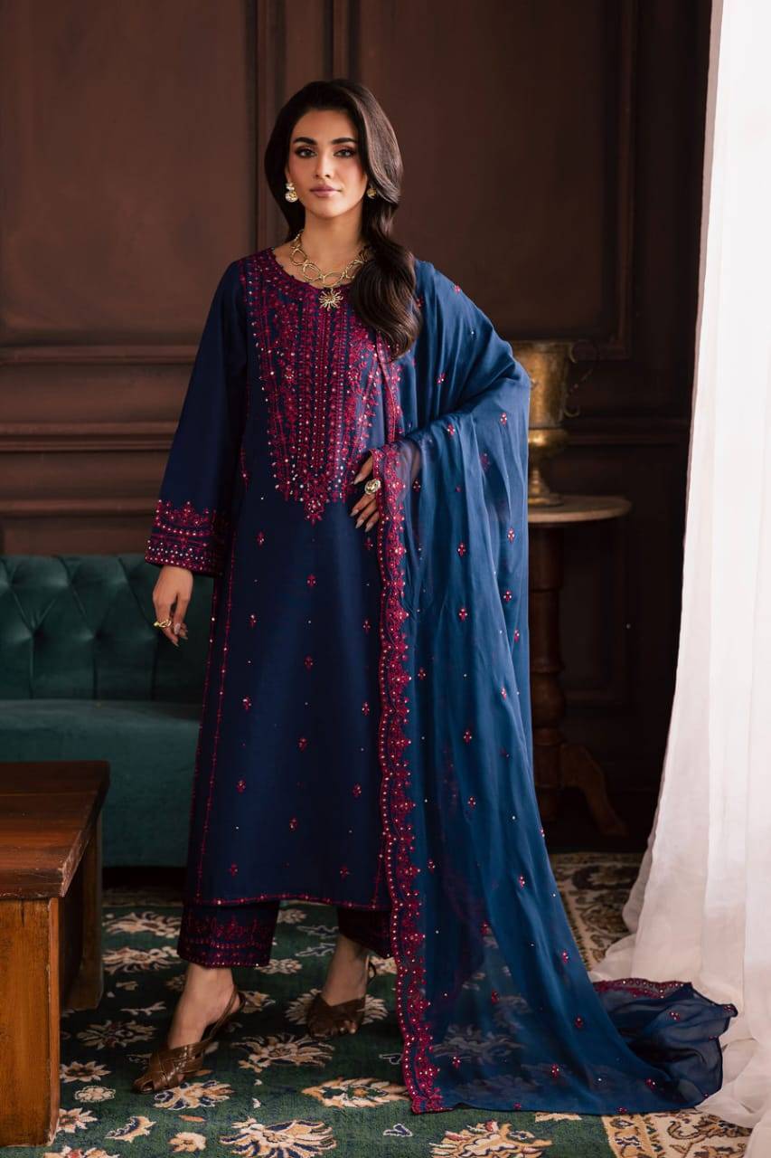 Premium 3 Piece Embroidered Lawn Suit with Panel & Trouser Patches | Pakistan
