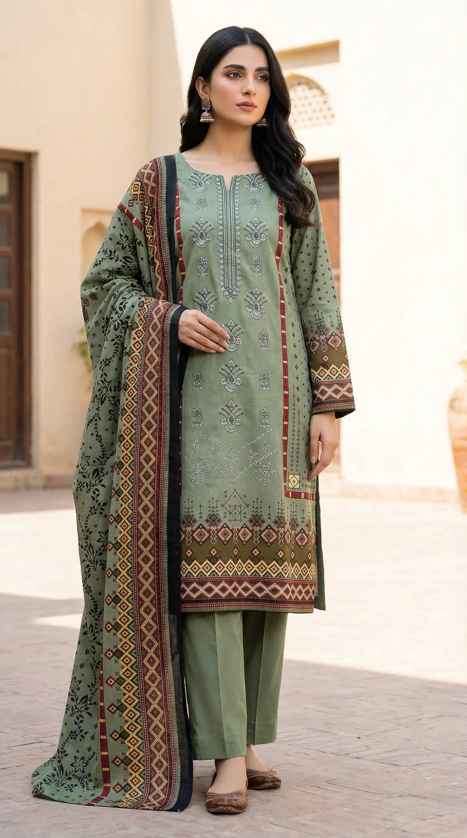 Printed Lawn 3 Piece Suit | Embroidered Shirt & Lawn Dupatta
