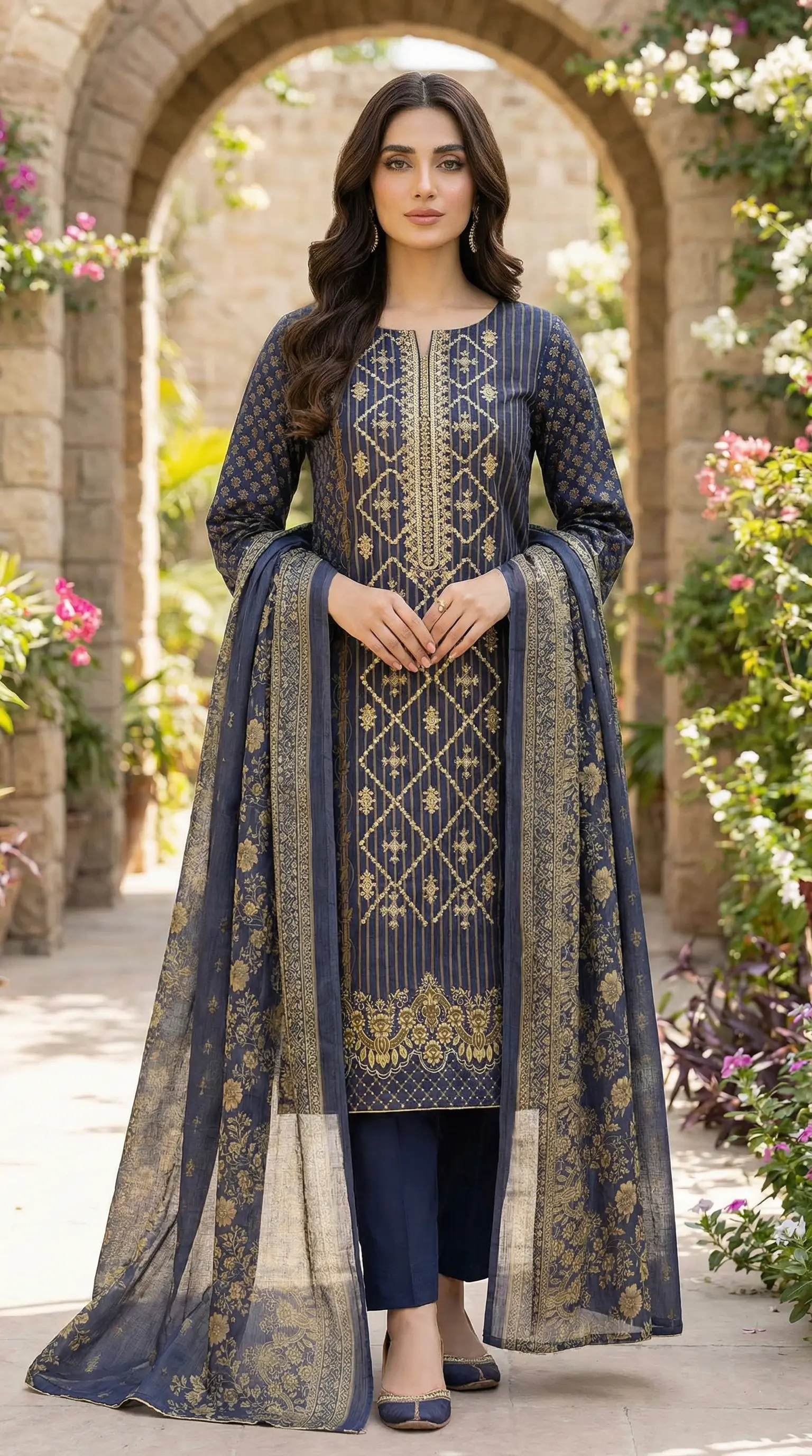 Printed Lawn 3 Piece Suit | Embroidered Shirt & Chiffon Dupatta