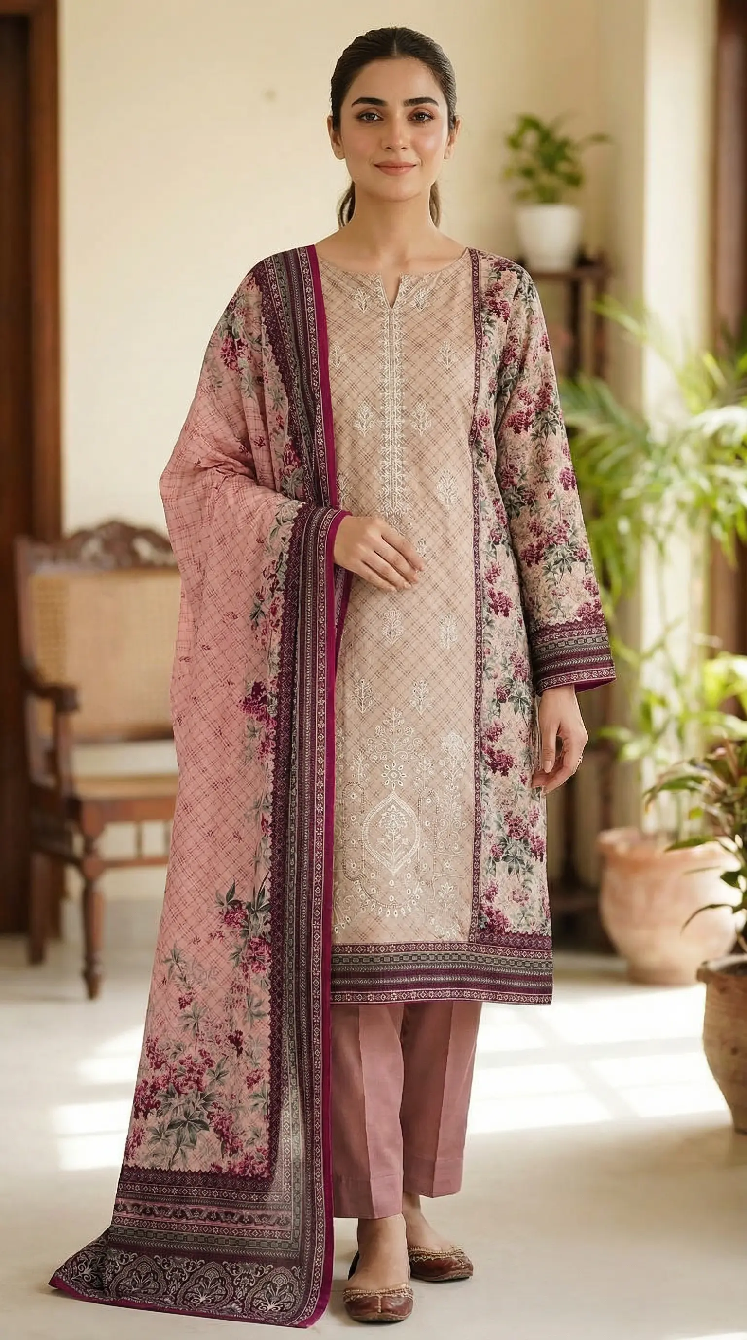 Printed Lawn 3 Piece Suit | Embroidered Shirt & Lawn Dupatta Pakistan