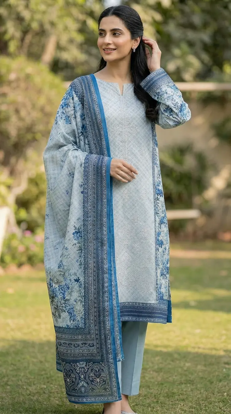 Printed Lawn 3 Piece Suit | Embroidered Shirt & Chiffon Dupatta Pakistan