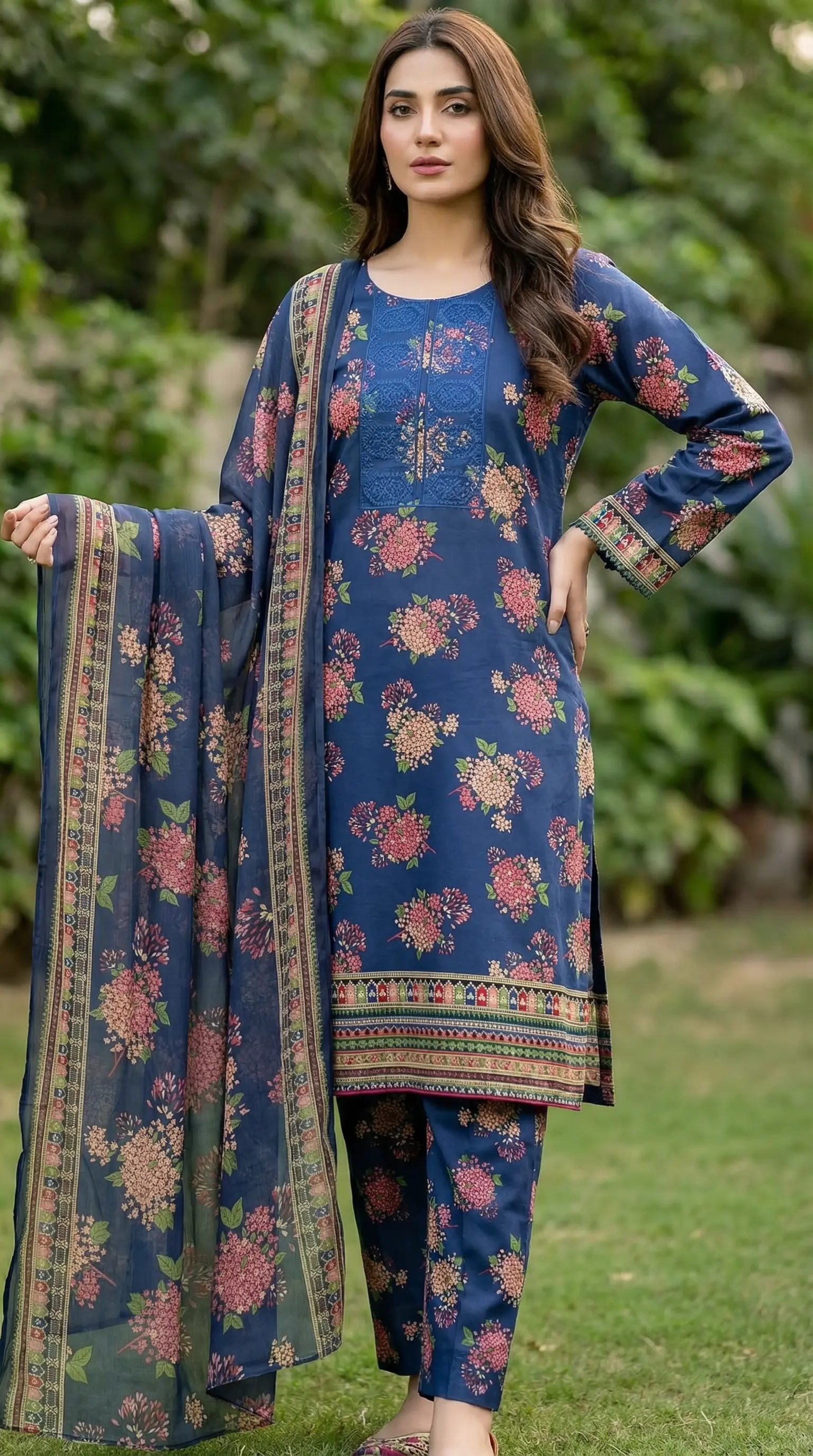 Blue floral printed lawn 3 piece suit with matching chiffon dupatta