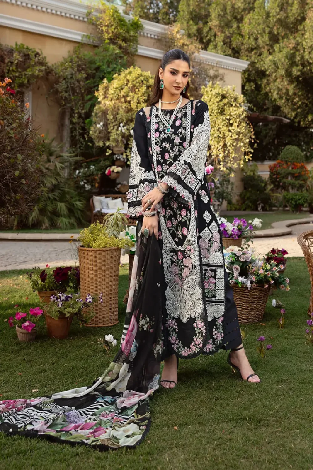 Embroidered Suit with Printed Net Dupatta | Unstitched Women Suits Pakistan