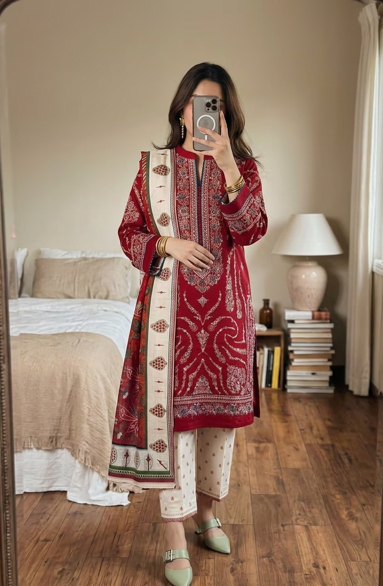 3 Pcs Lawn Embroidered Suit | Heavy Embroidery Red Lawn Dress