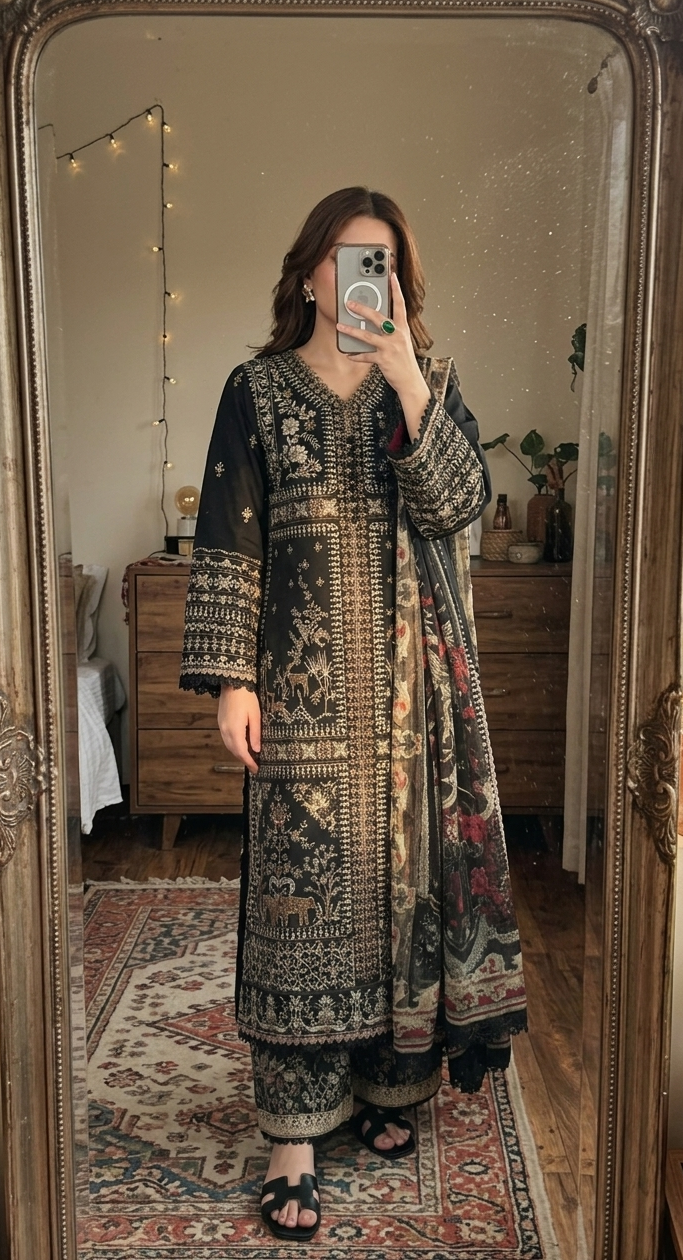 Full Embroidered Suit with Printed Net Dupatta | Unstitched Women Suits Pakistan