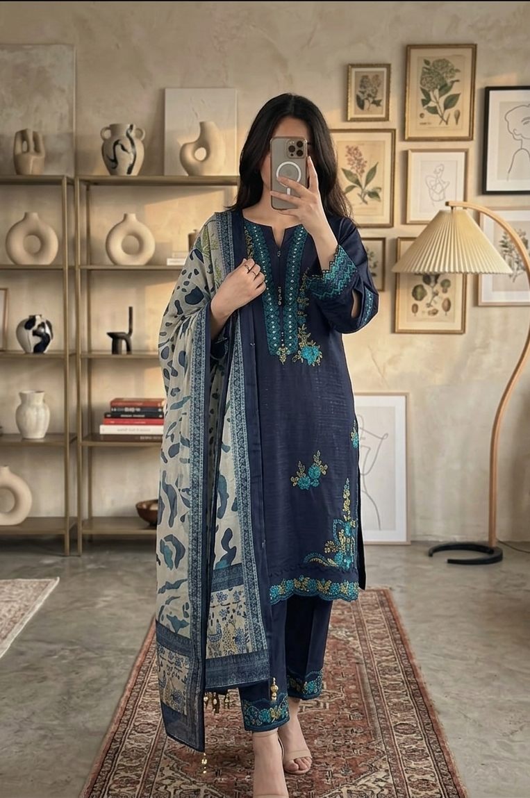 Premium 3 Piece Embroidered Lawn Suit with Front Panel & Sleeve Patches | Pakistan