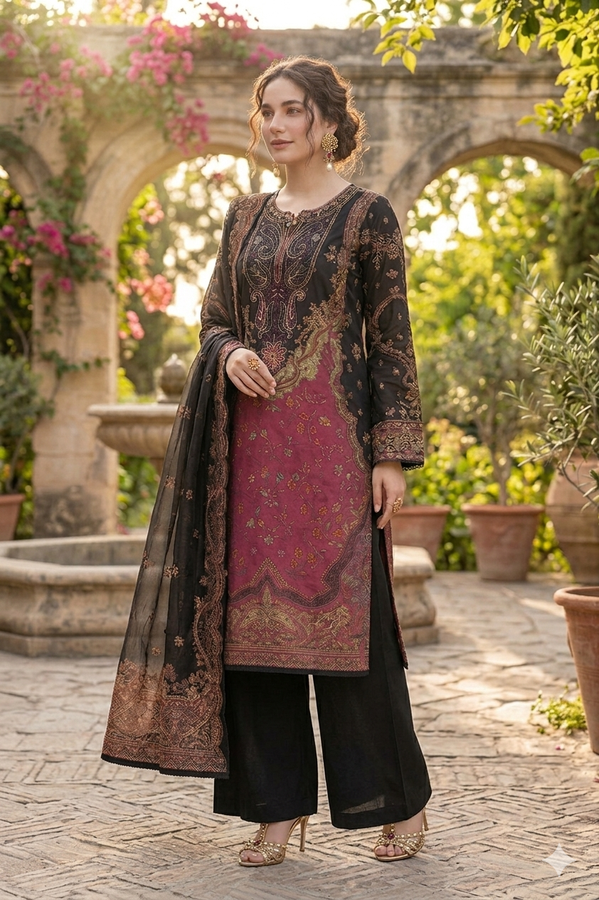 Black Printed Lawn 3 Piece Suit | Embroidered Shirt & Chiffon Dupatta Pakistan